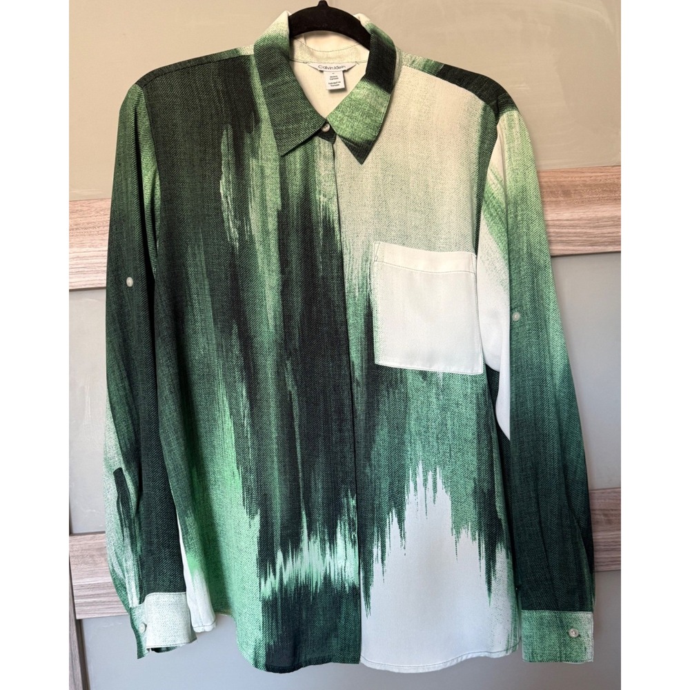 Calvin Klein Green Abstract Brushstroke Button Front Blouse Medium M Long Sleeve